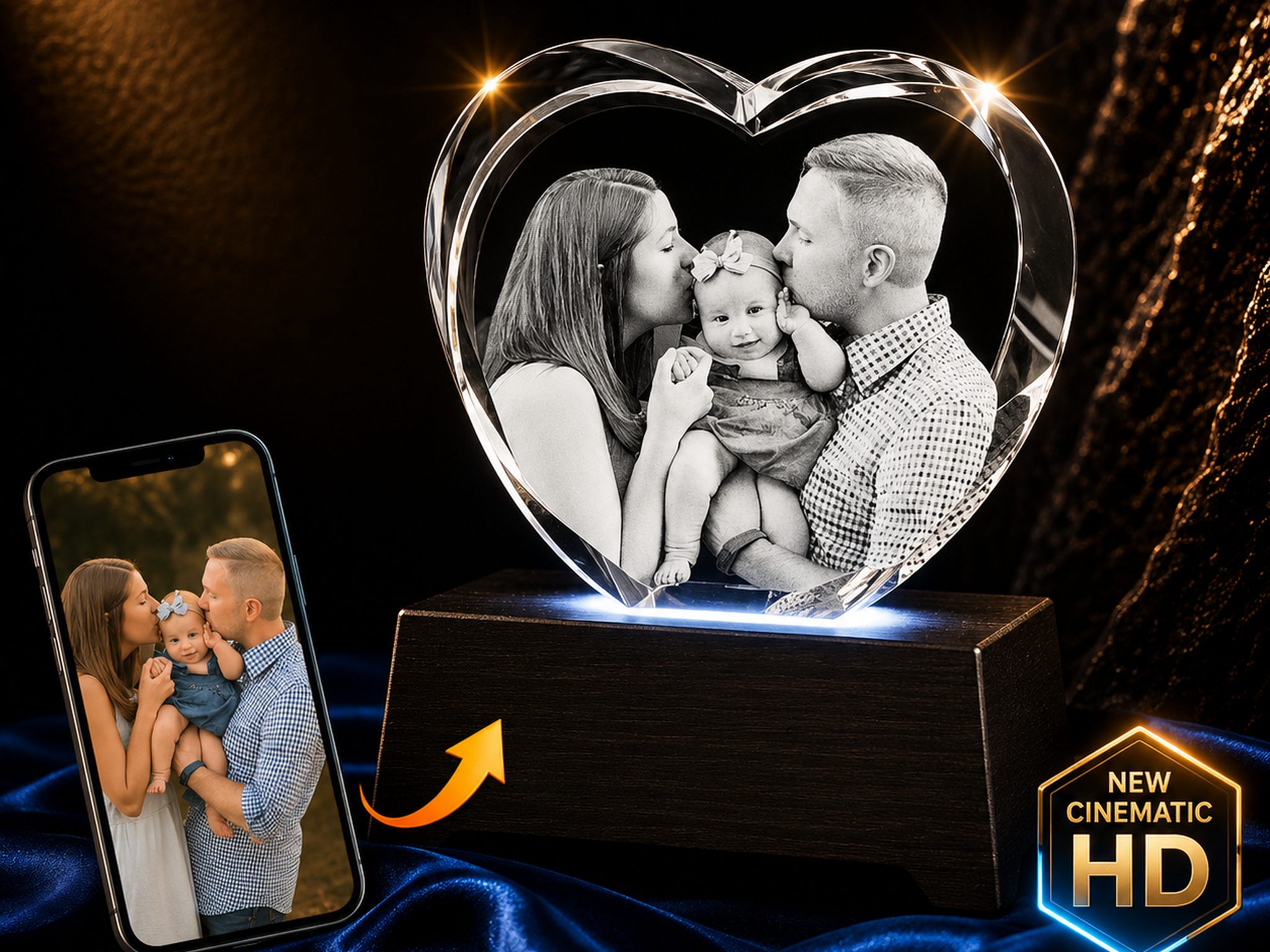 Heart-shaped personalized crystal with an engraved couple portrait
